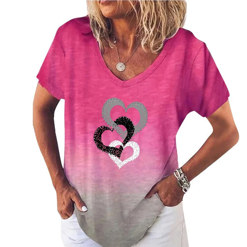 Women's T-Shirts Gradient Love Print Tops V Neck Fashion Female