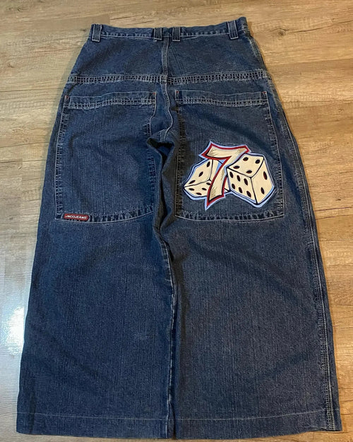 JNCO Jeans Y2K Harajuku Hip Hop Poker Graphic Retro Blue Baggy Jeans