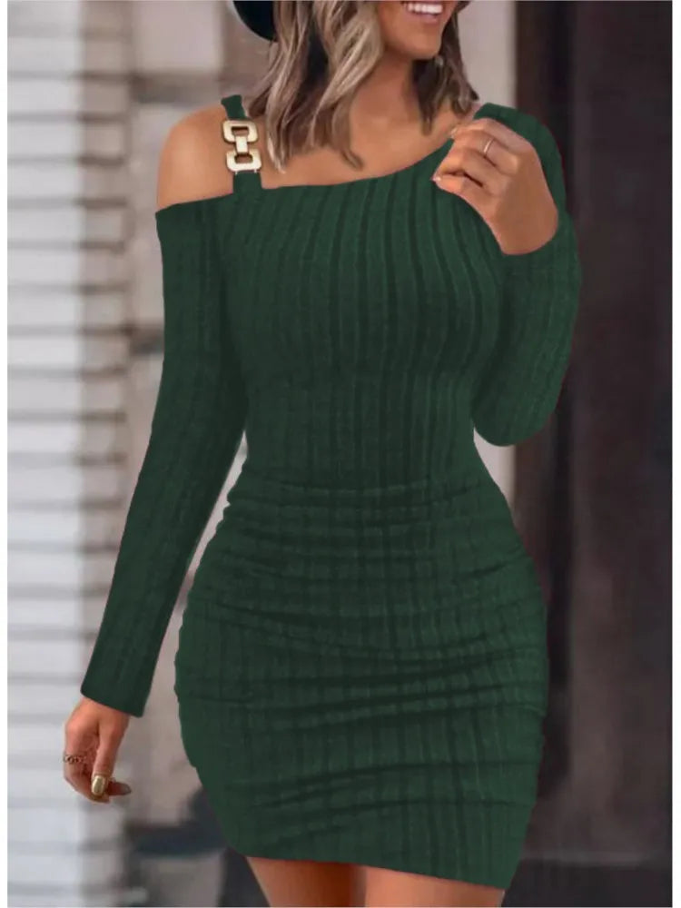 Sexy Chain Off Shoulder Mini Dress Women Autumn Fashion Bodycon Long