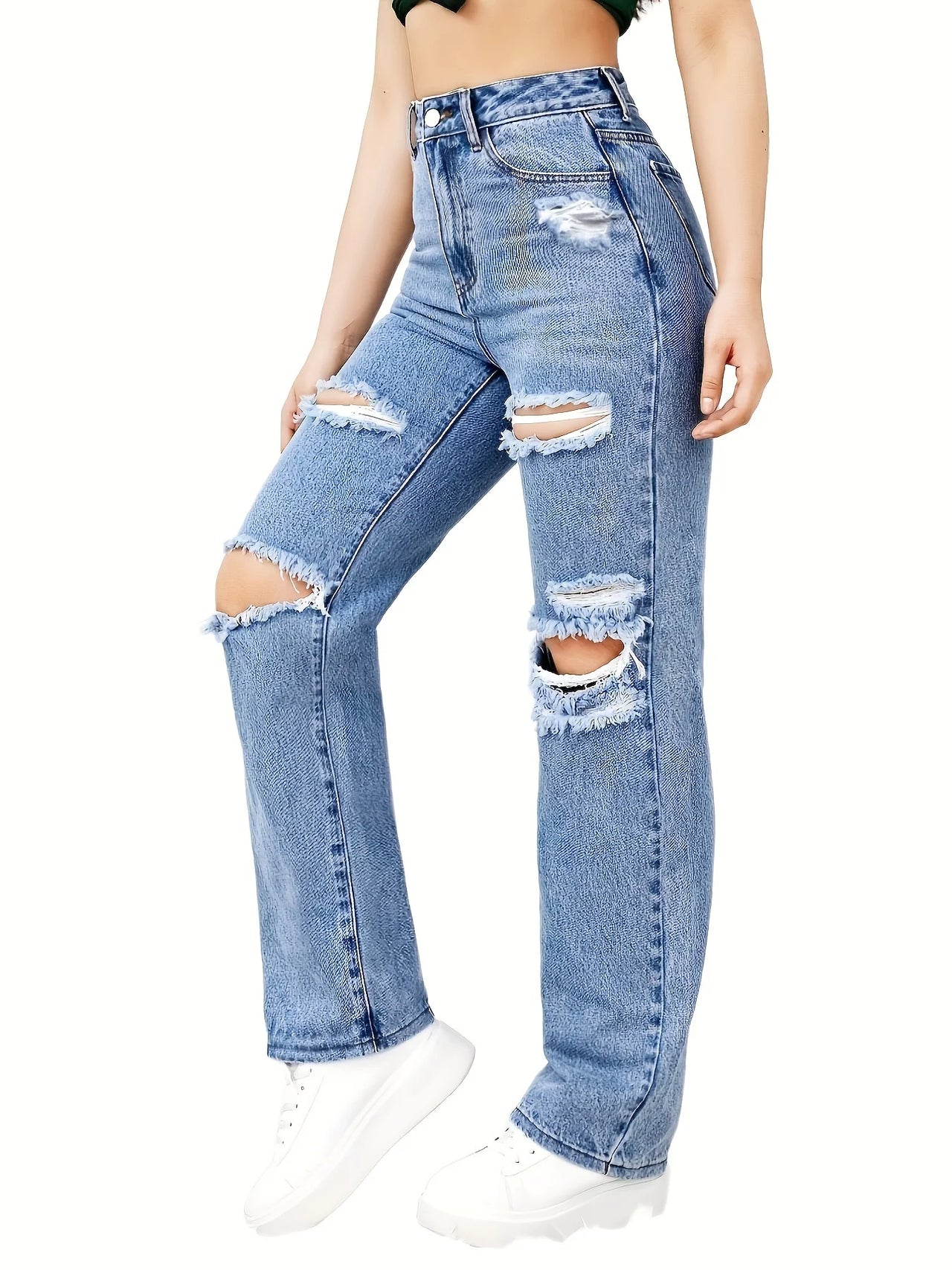 Blue Ripped Baggy Straight Jeans, Slash Pockets Distressed High Waist