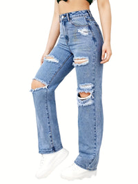 Thumbnail for Blue Ripped Baggy Straight Jeans, Slash Pockets Distressed High Waist