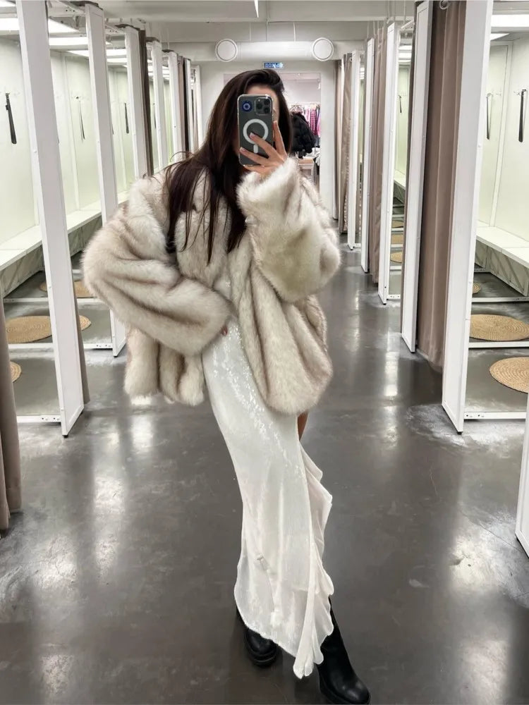 Women Fashion Lapel Faux Fur Warm Coat 2023 Autumn Winter Thicken Lady