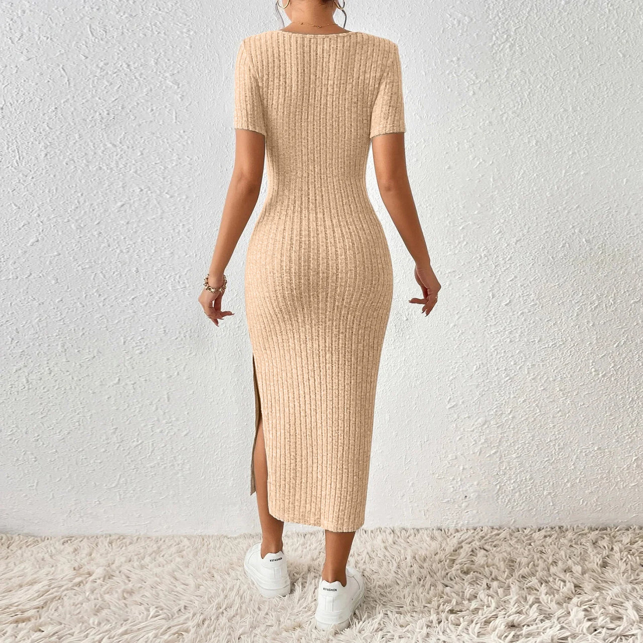 Women Ribbed Midi Dress Soft Knitted Sexy Pencil Dress Casual Skinny