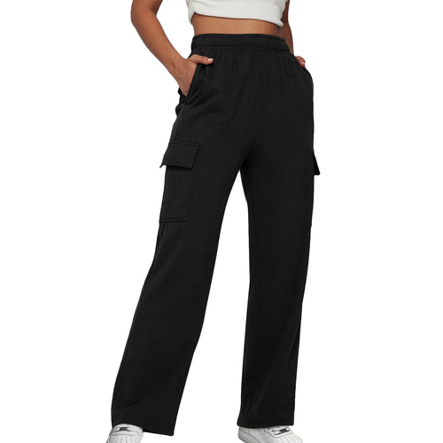 Elastic Waist Cargo Sweatpants Solid Color Women Straight Leg Pants