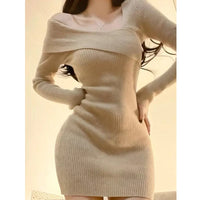 Thumbnail for Women's Long sleeved Dress One line Neck Knitted Wrapped Hip Dress