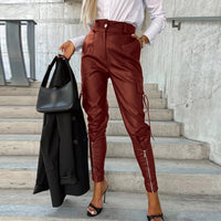 Thumbnail for Chic Fashion Button PU Leather Pants Women Spring Bottoming Zip-up