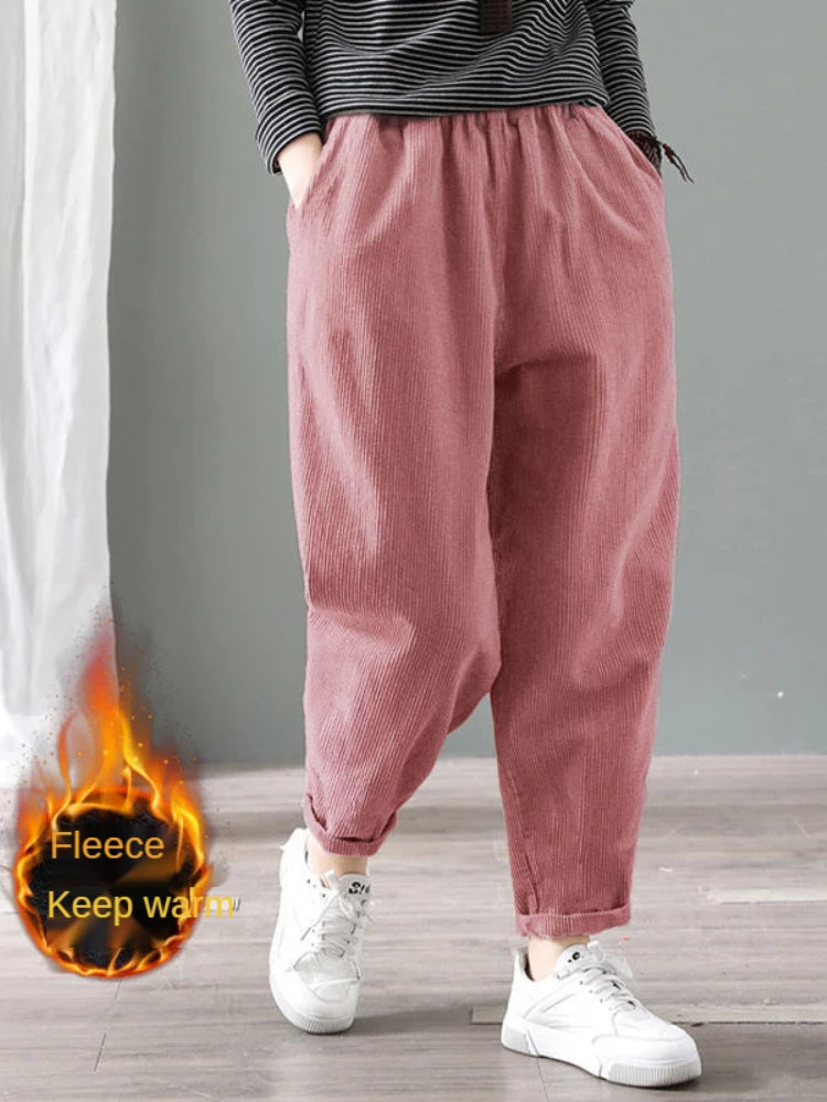 Velvet Warm Winter Pants for Women Elastic Waist Corduroy Harem Pant