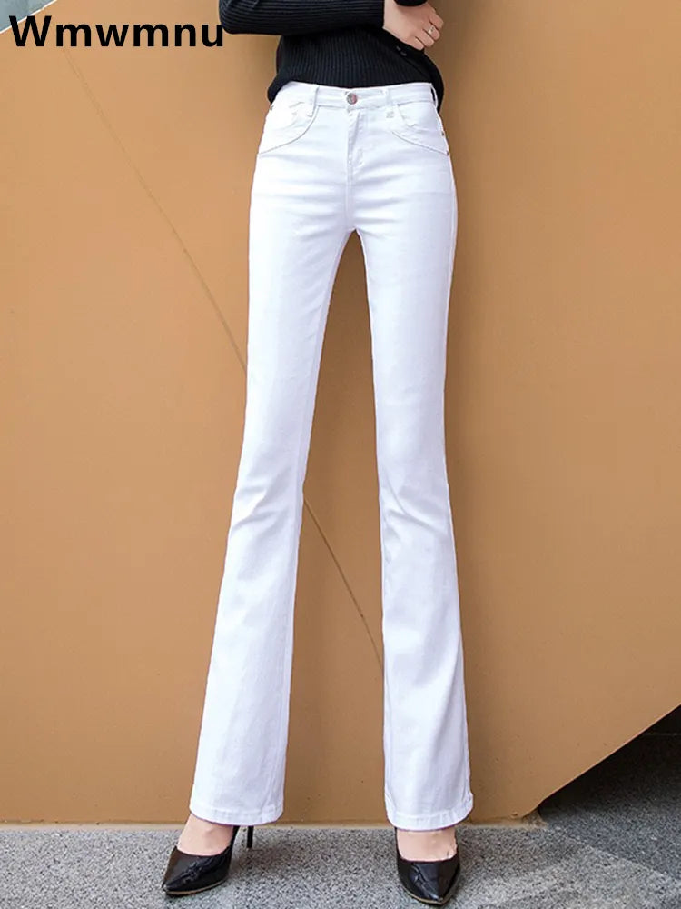 Women's White 80% Cotton Flare Denim Pants Mom's Fomal Skinny Stretch