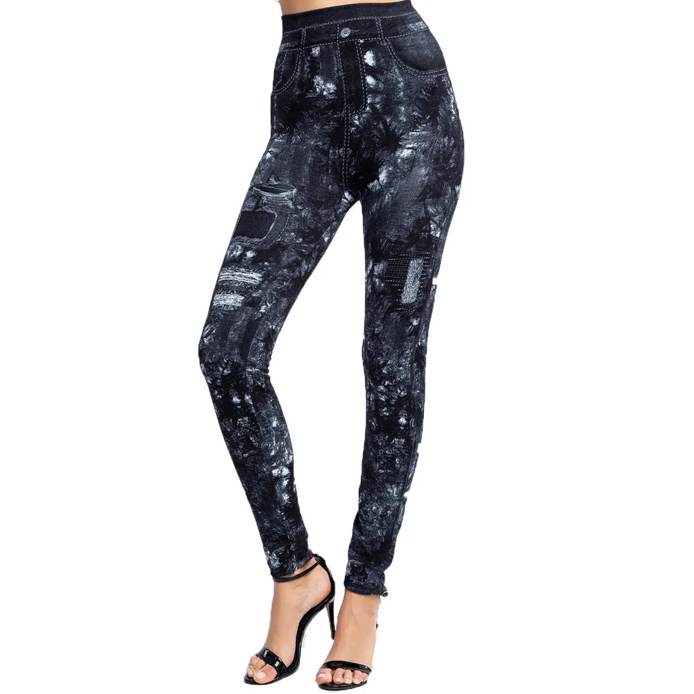 Women Leggings Faux Denim Jeans Pants With Pocket Slim Leggings Leaf