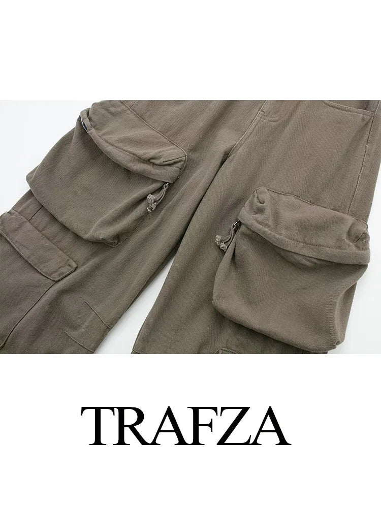 TRAFZA Women Multi-Pocket Buttons Decorated Cargo Pants Woman Elegant