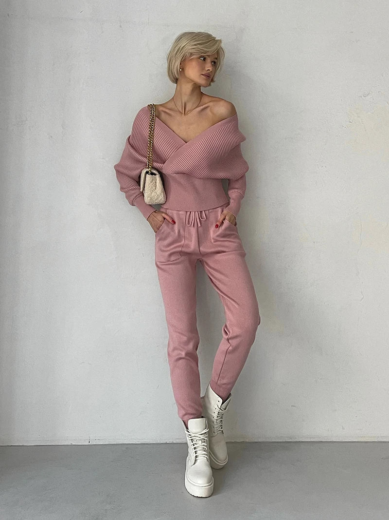 Sexy Off Shoulder Knitted Two Piece Set Women Long Sleeve Sport