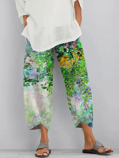 Women Trousers Straight Wide Leg Pants Summer Green Print Streetwear