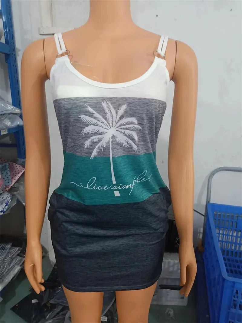 Women Dresses Summer Fashion Coconut Tree Print Casual V-Neck