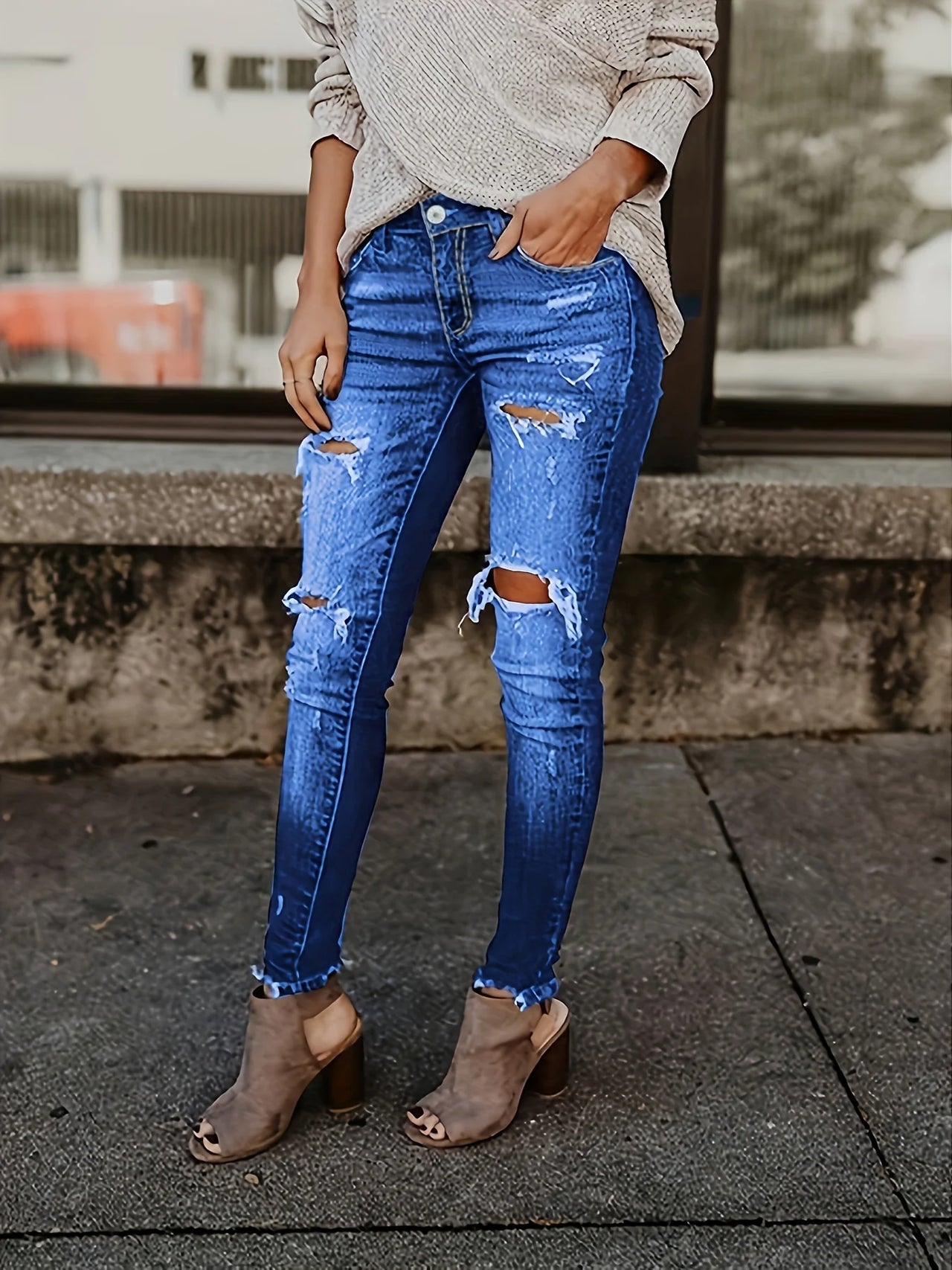 Blue Ripped Skinny Jeans, Distressed Slim Fit Slash Pockets Raw Hem