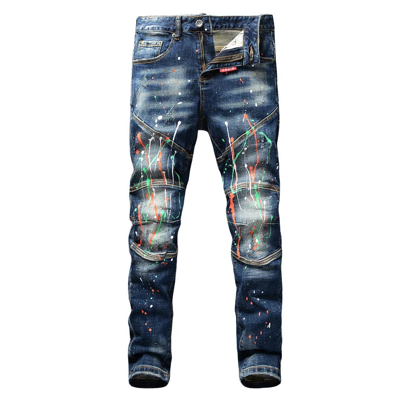 Street Fashion Men Jeans Retro Blue Stretch Slim Fit Painted Ripped