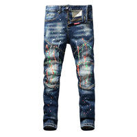 Thumbnail for Street Fashion Men Jeans Retro Blue Stretch Slim Fit Painted Ripped