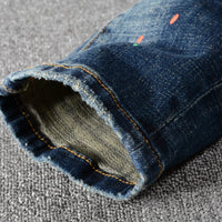 Thumbnail for Street Fashion Men Jeans Retro Blue Stretch Slim Fit Painted Ripped