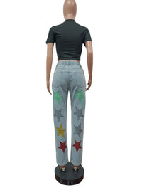 Thumbnail for Hight Waist Sequin Stars Denim Pants Hole Skinny Pencil Pants