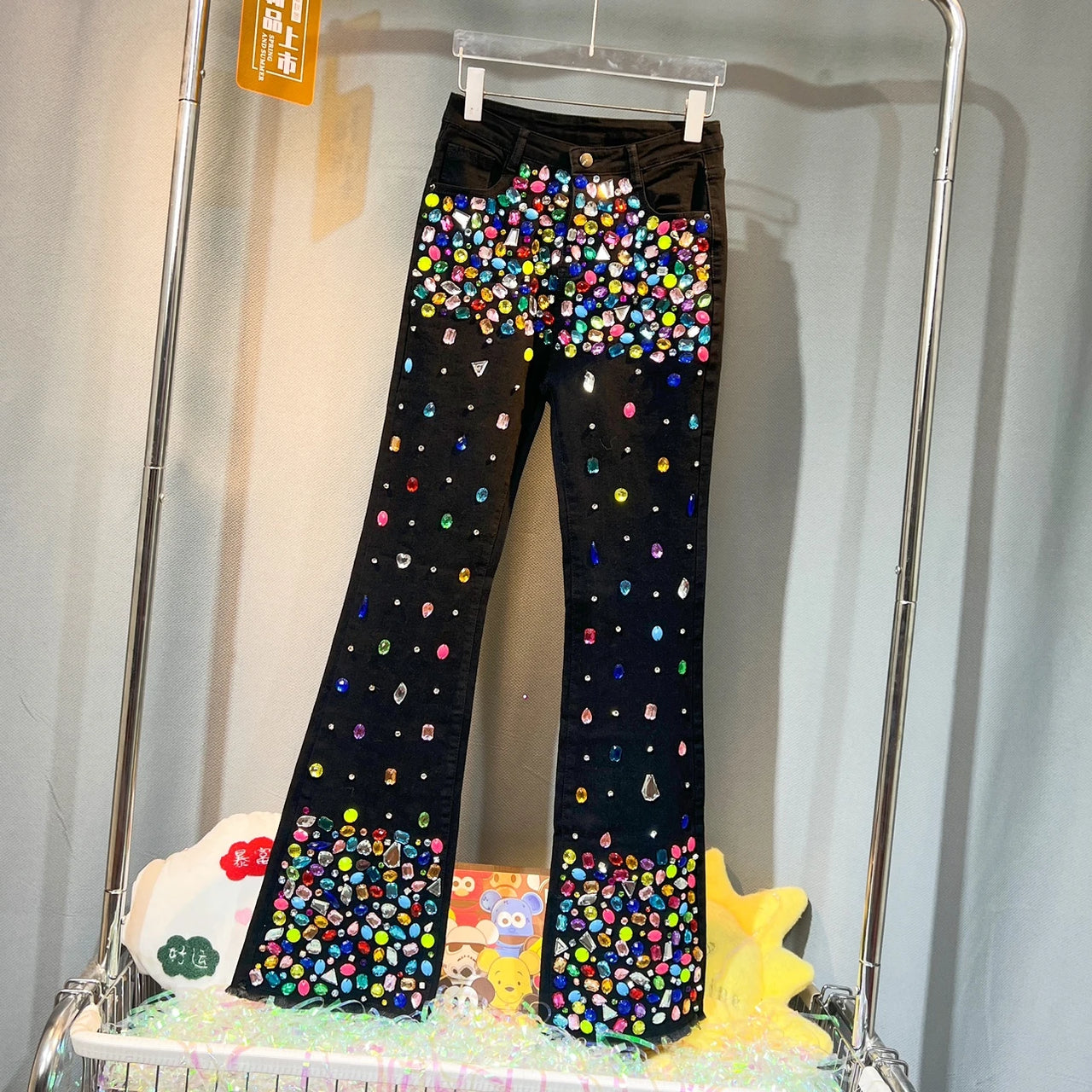 Women Autumn Winter Handmade Diamonds Beaded Long Denim Pants High