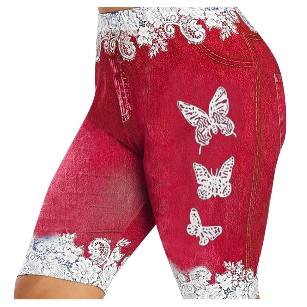 Faux Jeans Shorts Womens Butterfly Print Five-Point Pants Large Size