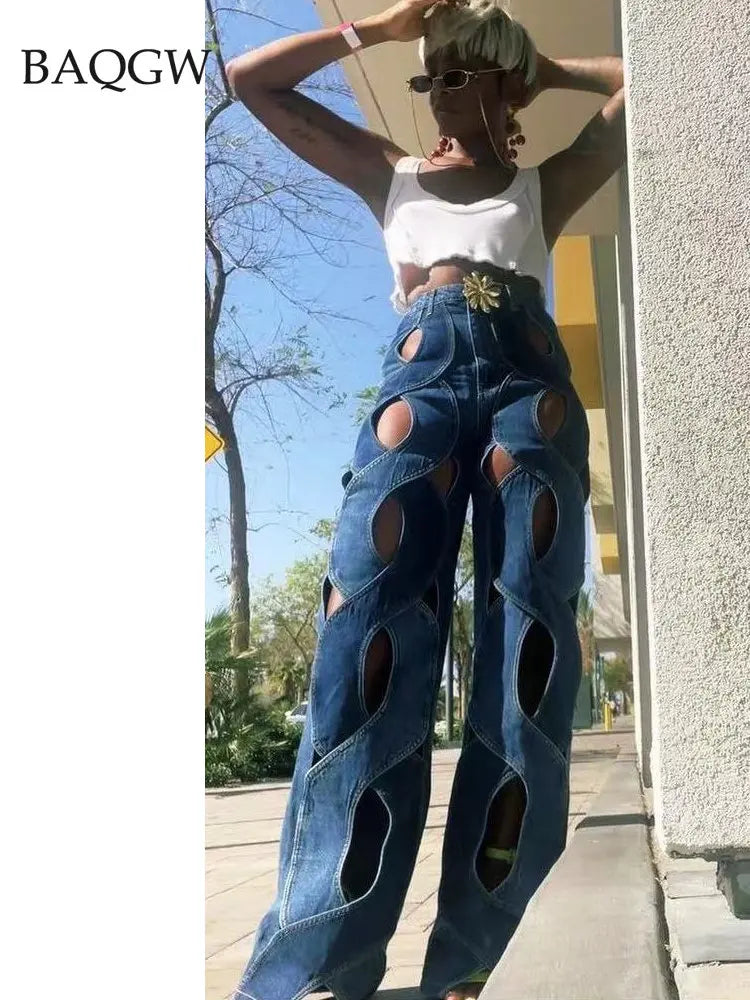 Fashion Hollow Out Cross Design Straight Flare Denim Pants Summer 2023