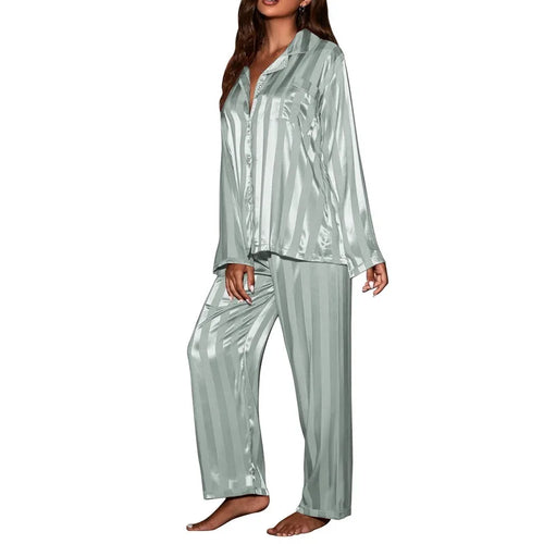 Women's striped pajama set, solid French silk satin pajamas, two piece