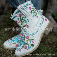 Thumbnail for Flower Embriodery Cow Boy Boots for Women Ankle Shoes Thick Heel Short