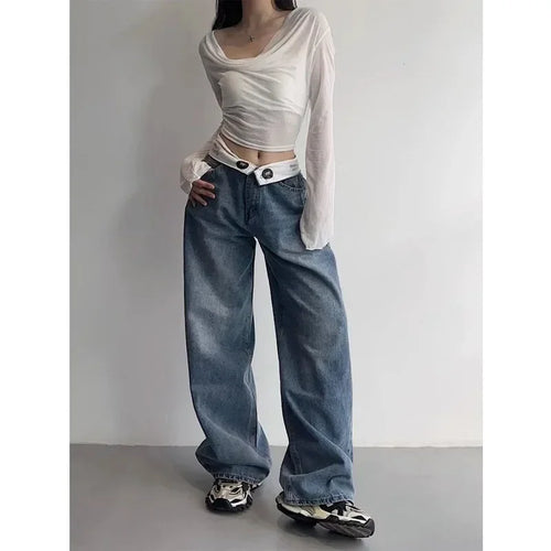 HOUZHOU Vintage Y2k Jeans Women Baggy Kpop Gyaru Streetwear Wide Blue