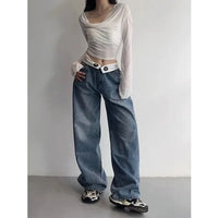 Thumbnail for HOUZHOU Vintage Y2k Jeans Women Baggy Kpop Gyaru Streetwear Wide Blue