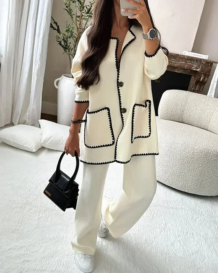 Women Elegant 2 Piece Set Contrast Color Patchwork Long Sleeve Jacket