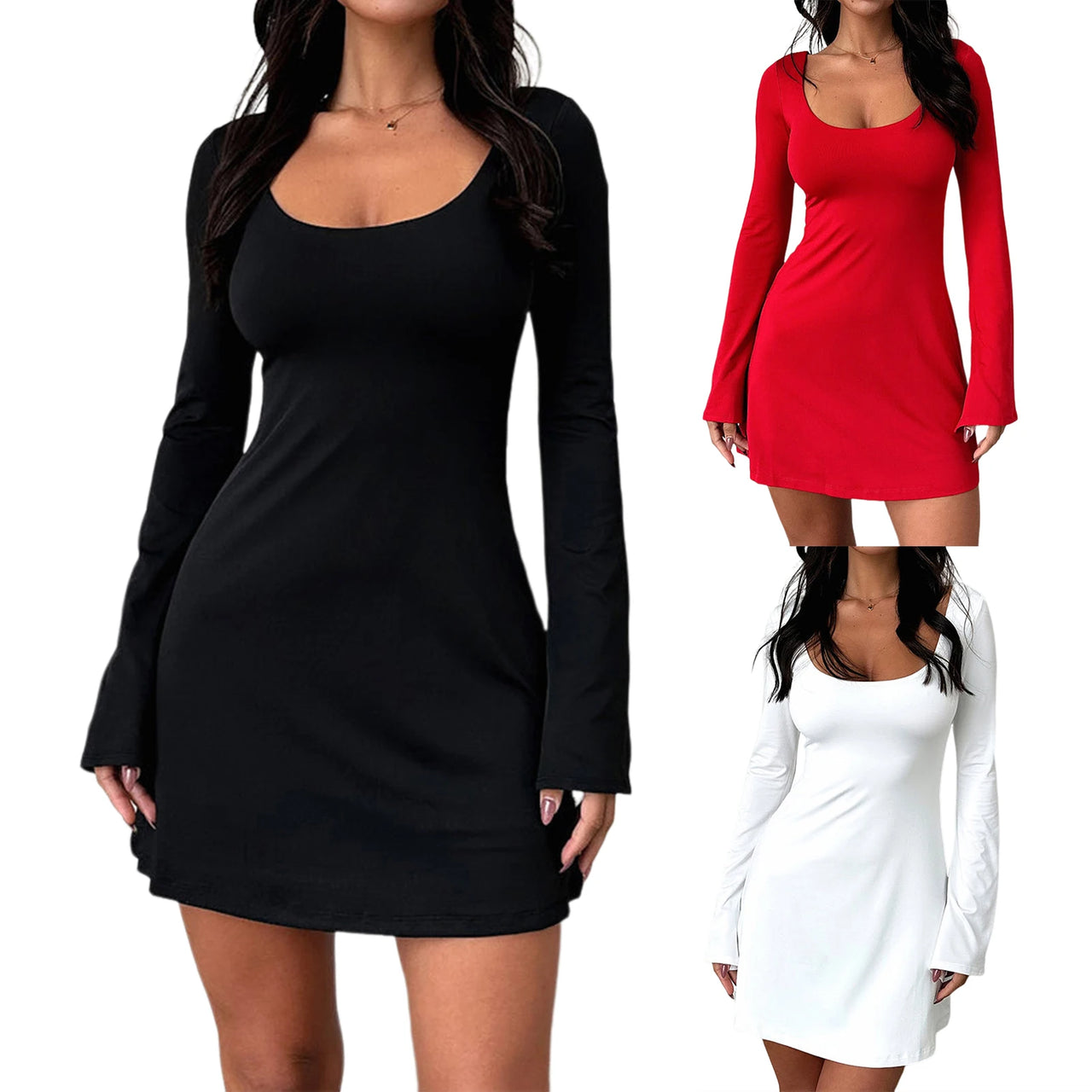 Women Round Neck Dress Skinny Sexy Bodyon Dress Solid Color Bell