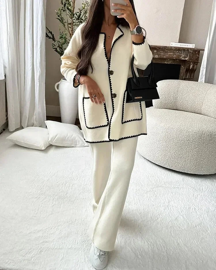 Women Elegant 2 Piece Set Contrast Color Patchwork Long Sleeve Jacket