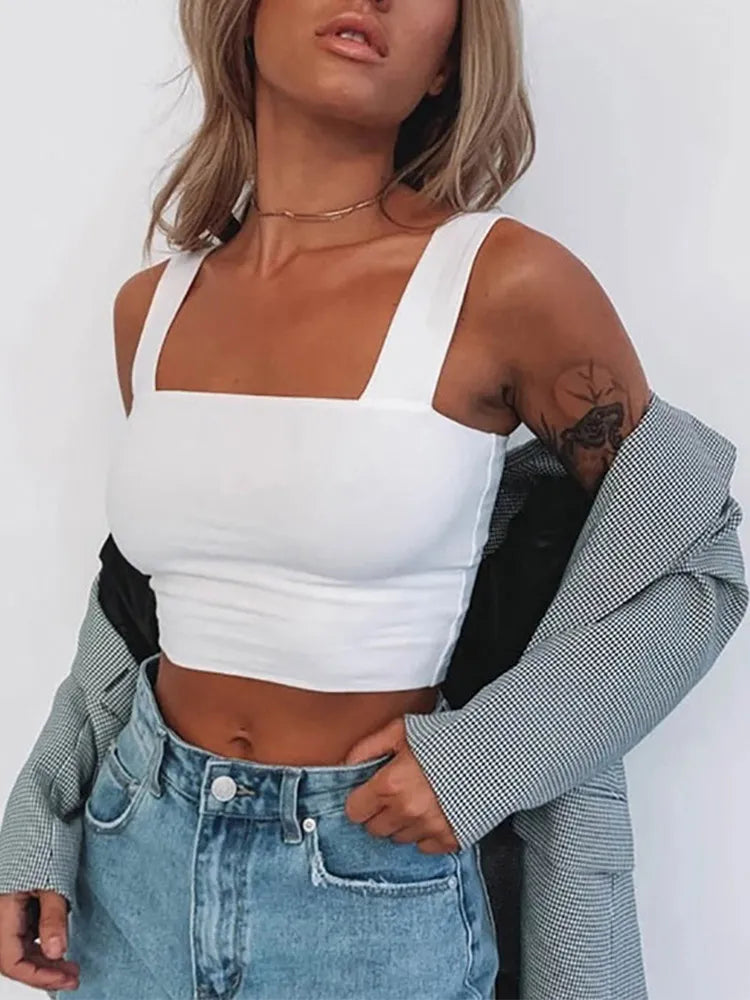 Square Neck Sleeveless Summer Crop Top White Women Black Casual Basic