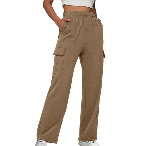 Elastic Waist Cargo Sweatpants Solid Color Women Straight Leg Pants