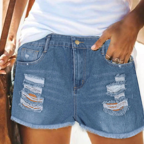 New Summer Women High Waist Button Straight Jeans Shorts Casual Female