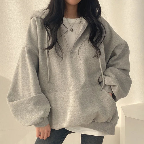 HOUZHOU Women Hoodie Streetwear Gray Harajuku Oversized Top Half Zip