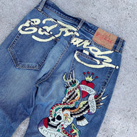 Thumbnail for Gothic Hip Hop Skull Embroidery Jeans for Men Casual Y2k High Waist