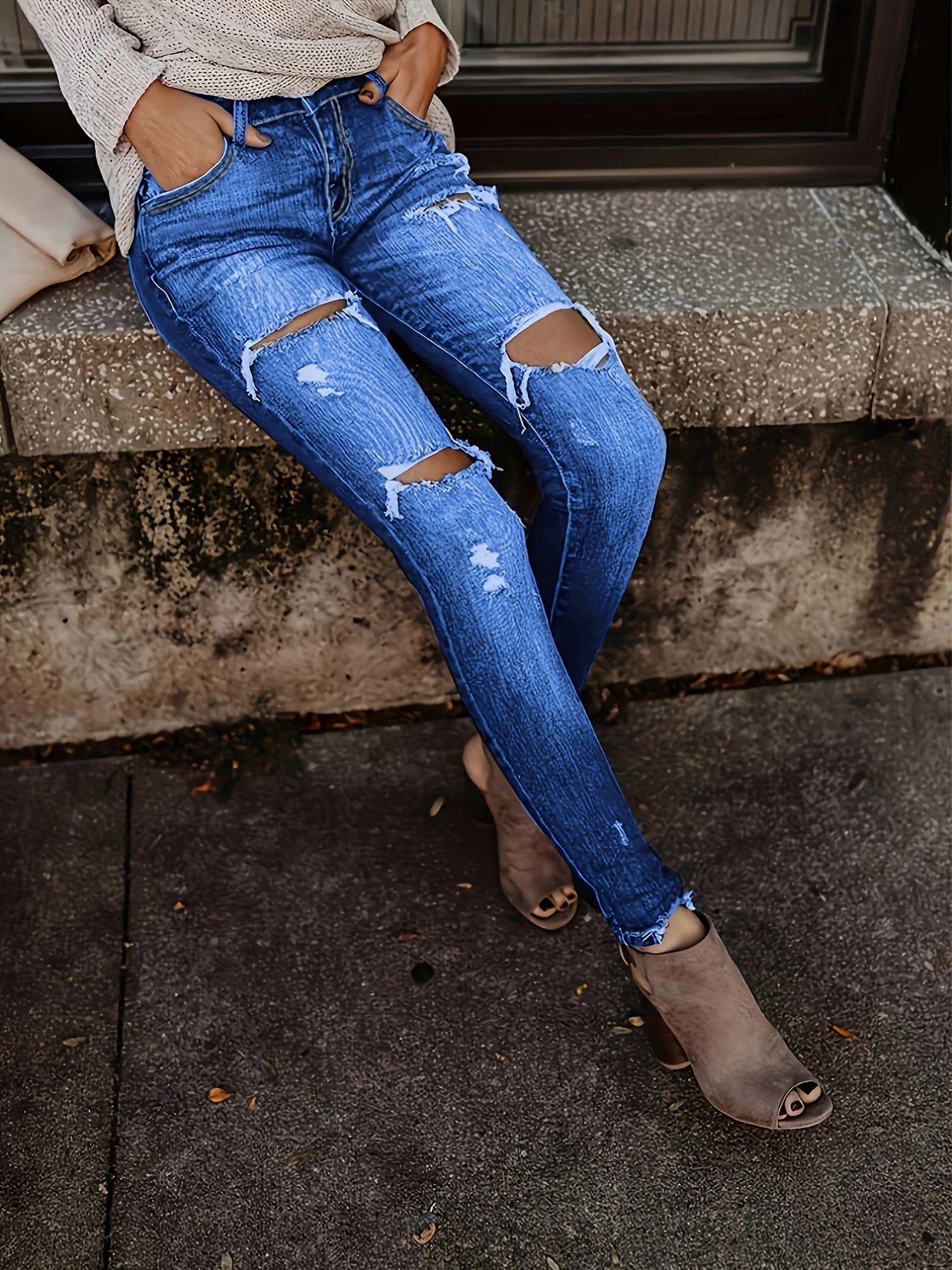 Blue Ripped Skinny Jeans, Distressed Slim Fit Slash Pockets Raw Hem