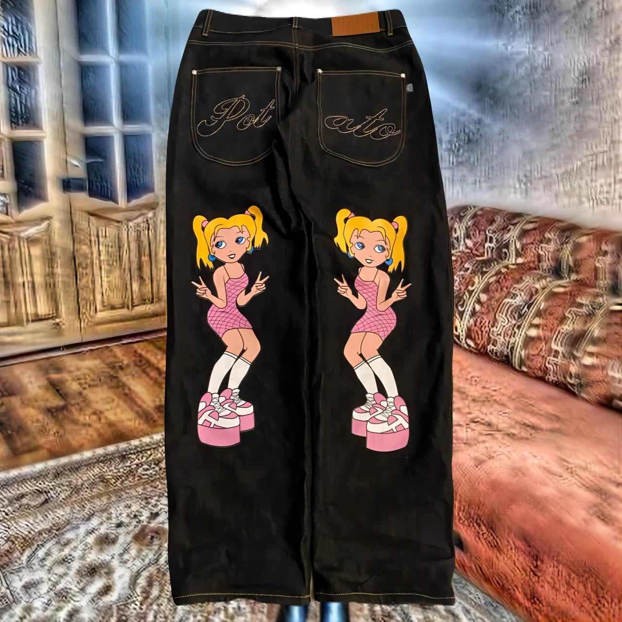 Anime goddess Harajuku jeans 2024 new men's and women's print retro