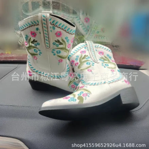 Flower Embriodery Cow Boy Boots for Women Ankle Shoes Thick Heel Short