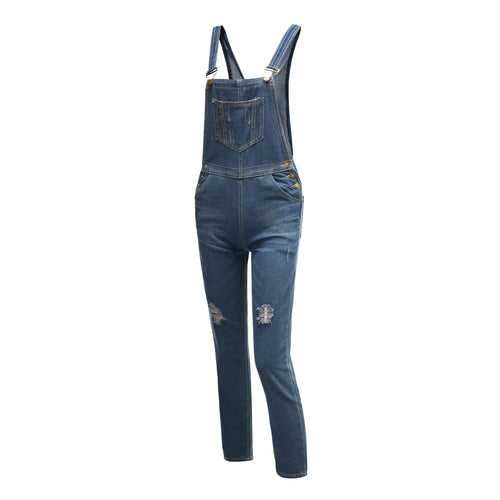 Loose Women Denim Rompers for Streetwear Design Pockets Decor Ripped