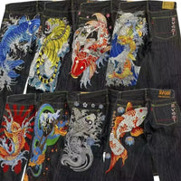 Thumbnail for Japanese hip-hop Brocade carp printed jeans same style couple washed