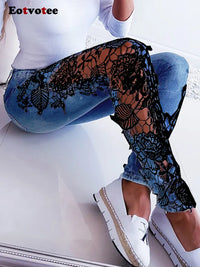 Thumbnail for Eotvotee Lace Spliced Hollow Out Blue Jeans for Women 2023 New Fashion