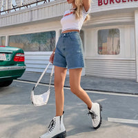 Thumbnail for Blue Women's Denim Shorts 2023 Summer Button High Waist Casual Jean