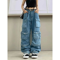 Thumbnail for Multi-Pocket Blue Washed Jeans Cargo Pants Y2k Retro Streetwear