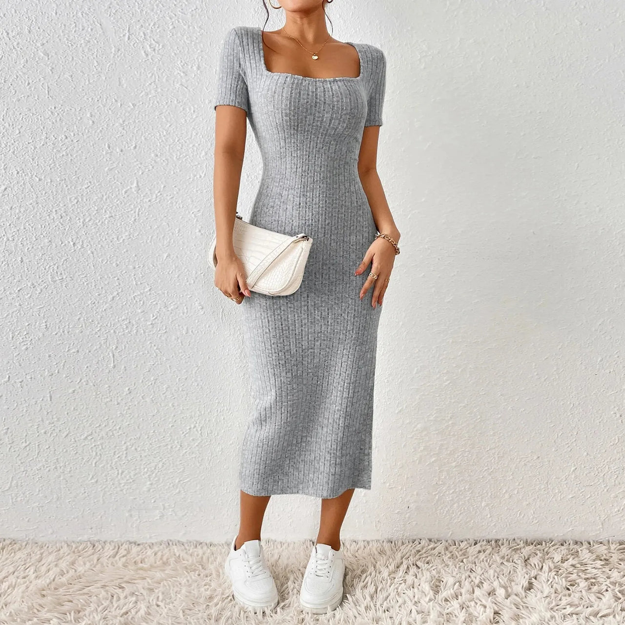 Women Ribbed Midi Dress Soft Knitted Sexy Pencil Dress Casual Skinny