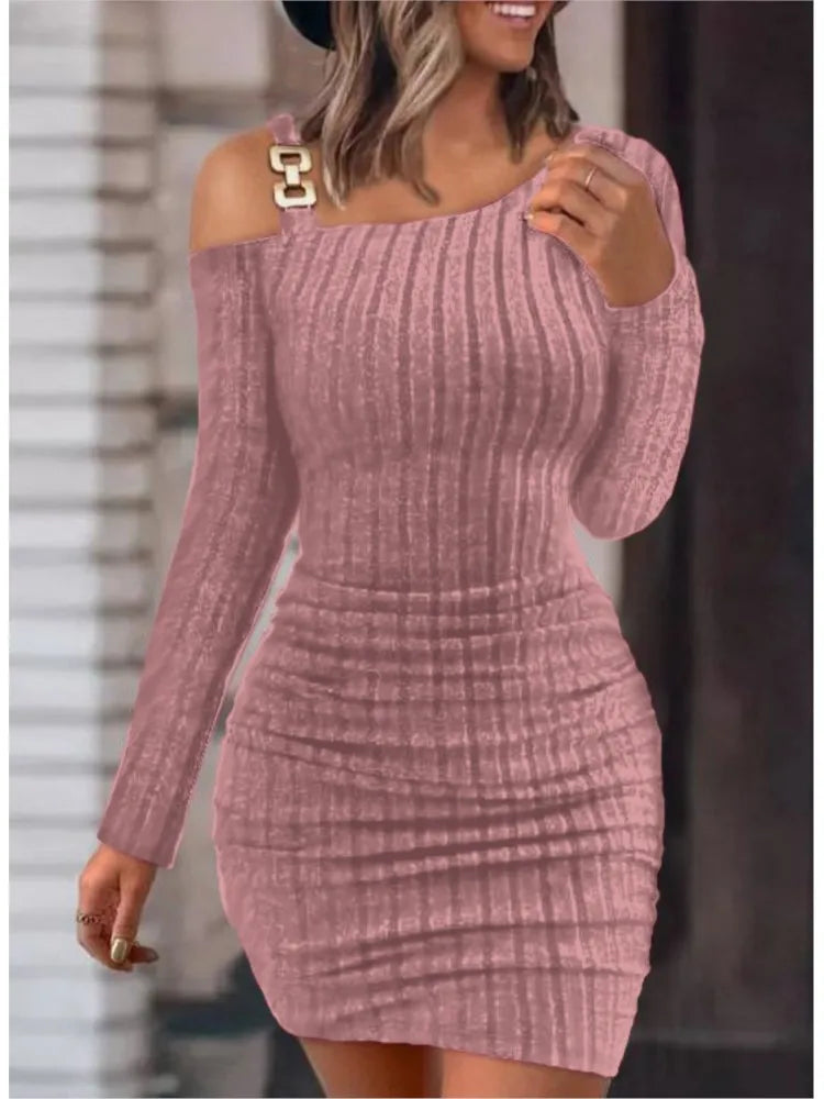 Sexy Chain Off Shoulder Mini Dress Women Autumn Fashion Bodycon Long