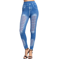 Thumbnail for Fashion Stripe Printed Imitation Denim Leggings Elastic Slim HipTight