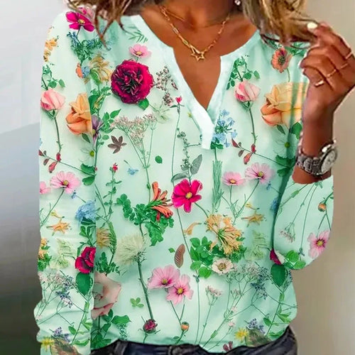 Spring and Autumn Women's Pullover V-Neck Plant&Flowers Printed Long