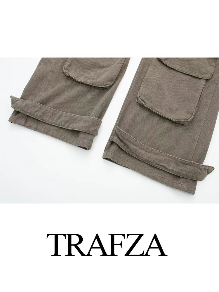 TRAFZA Women Multi-Pocket Buttons Decorated Cargo Pants Woman Elegant